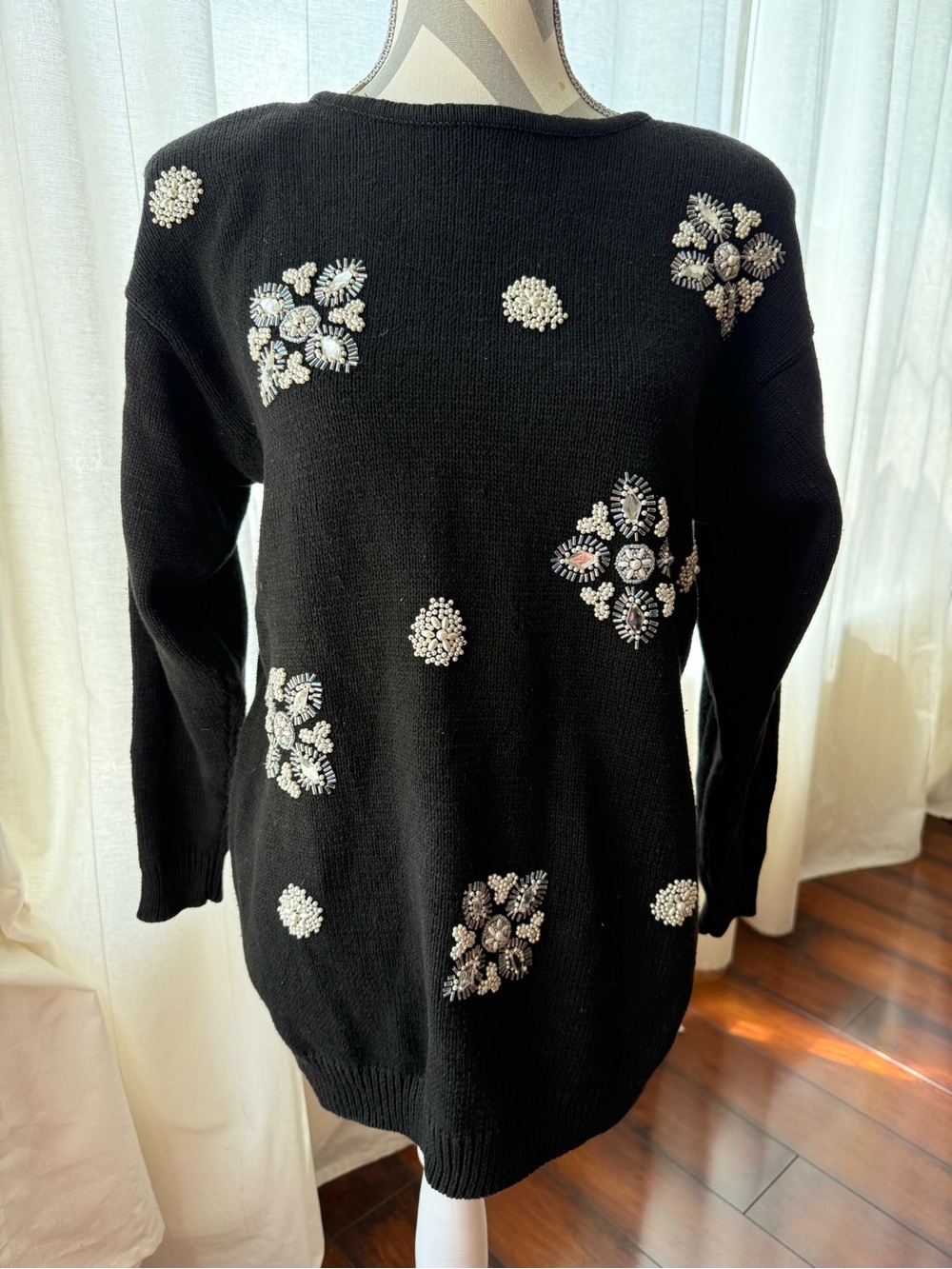 Vintage Trimmings Black Beaded Floral Crewneck Sweater